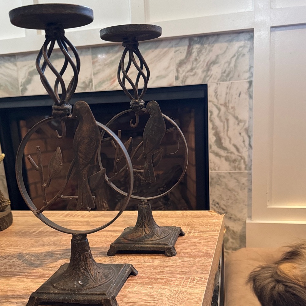 Cast Iron Bird and Leaf Pillar Candle Holders [pair]